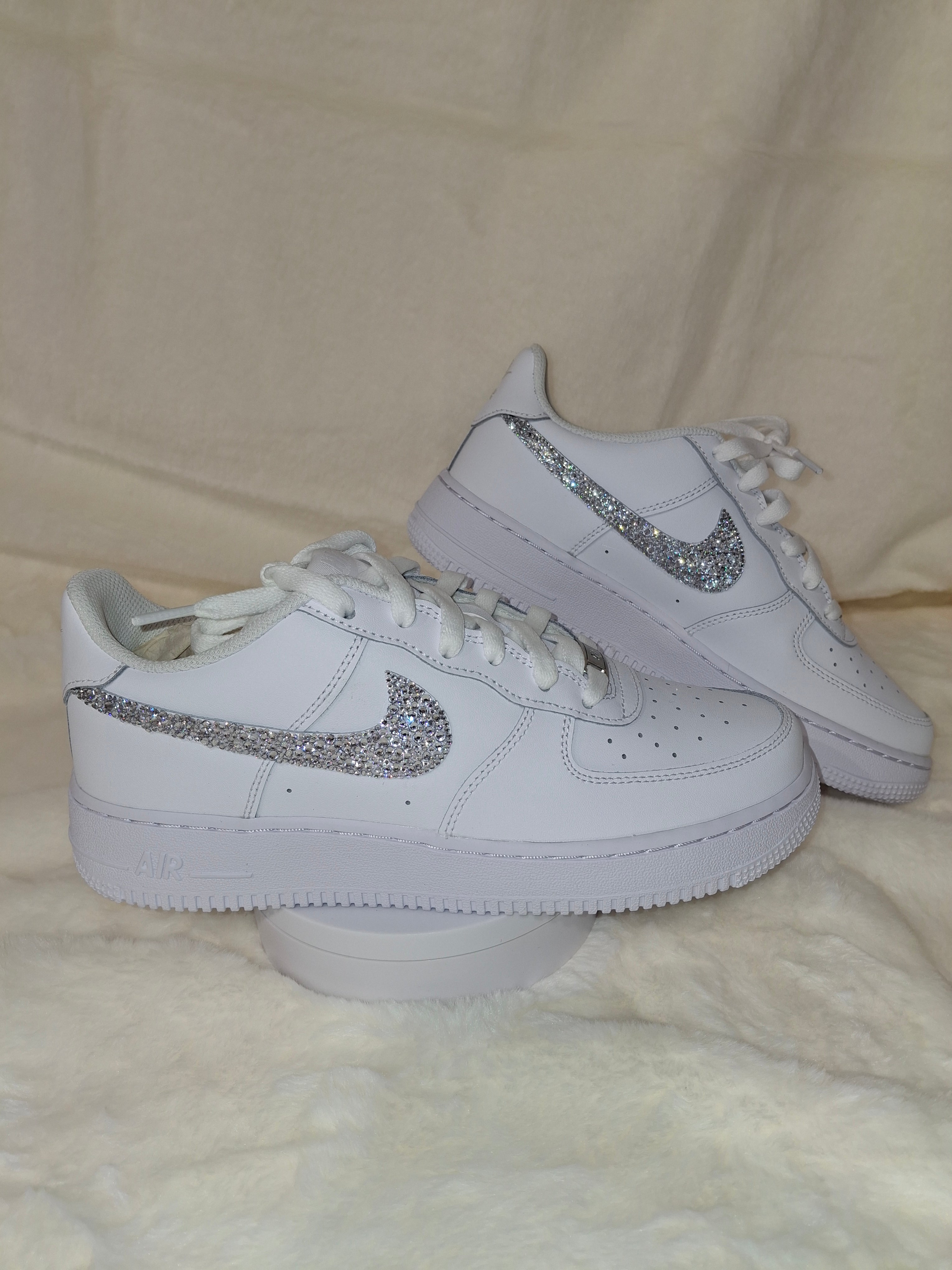 Custom blinged white Air Force 1 rhinestones sneaker by Dressed and Done