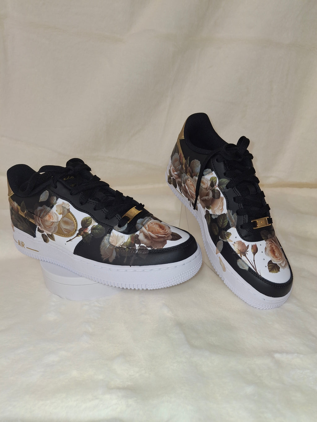 Custom graphic Air Force 1 Black white and gold sneaker by Dressed and Done