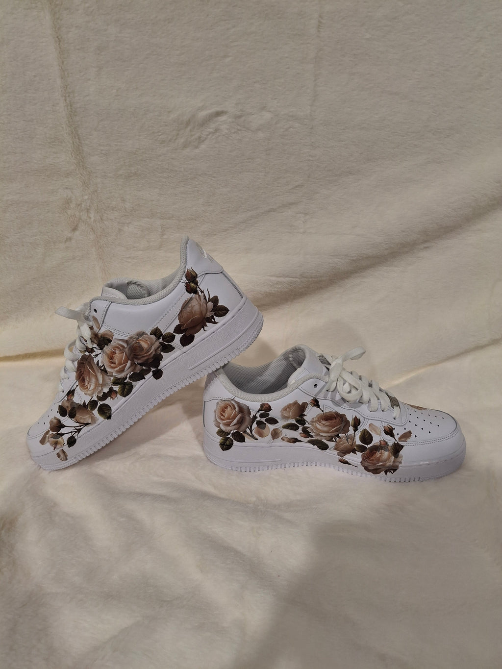 Custom white Air Force One sneakers with handcrafted floral design by Dressed and Done
