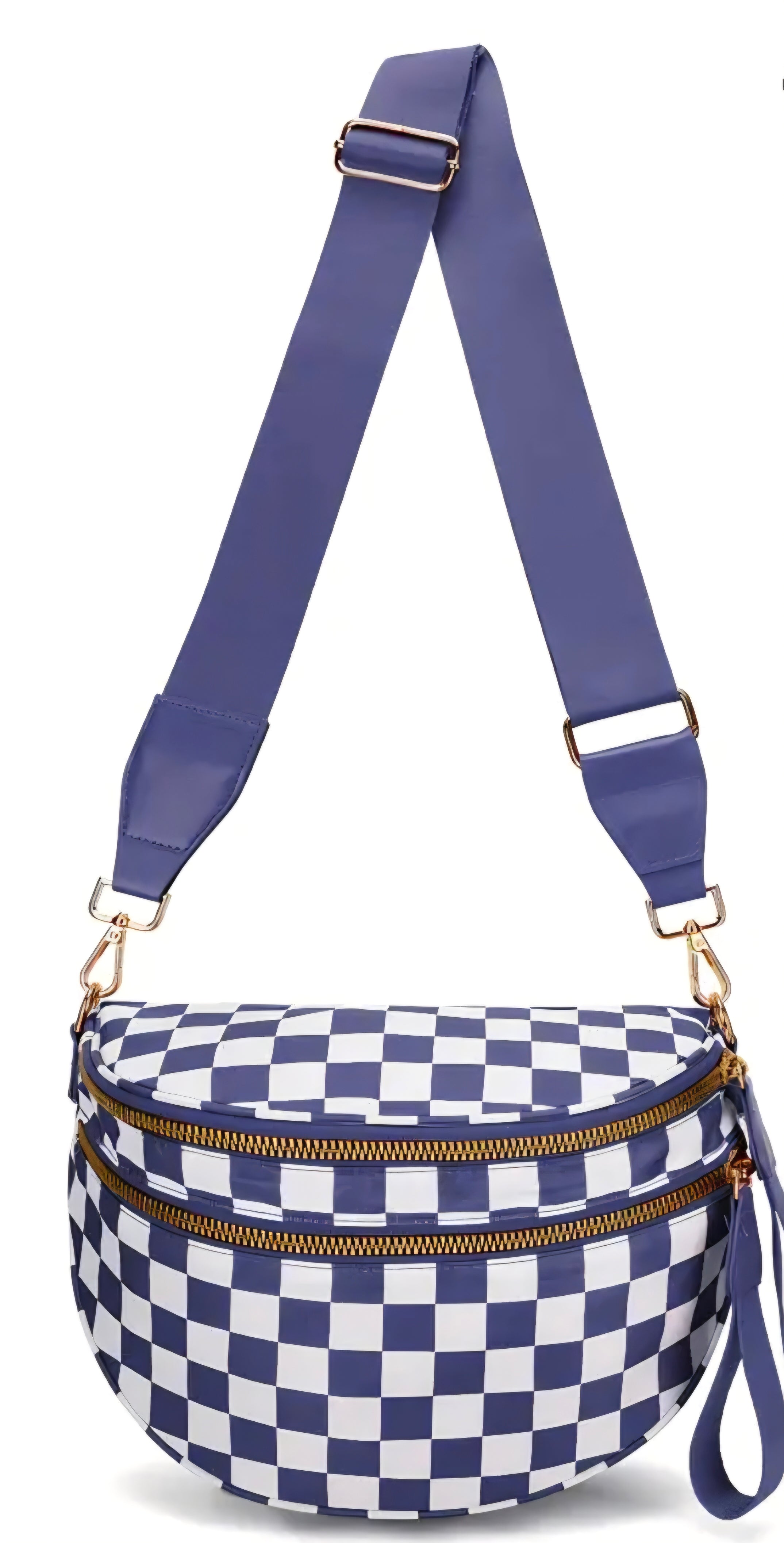 Purple and white checker nylon crossbody bag