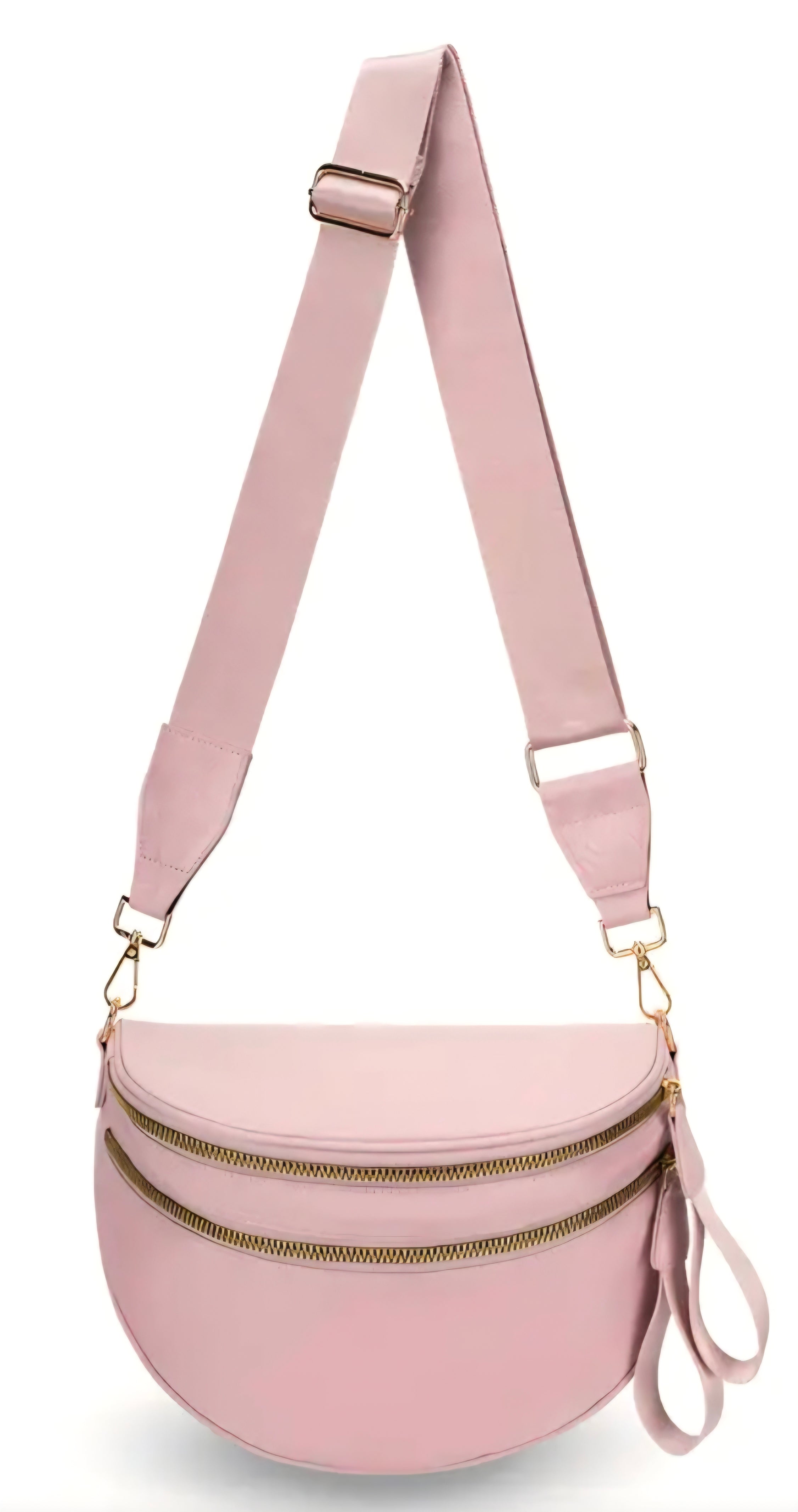 Pink crossbody bag with a strap on a white background