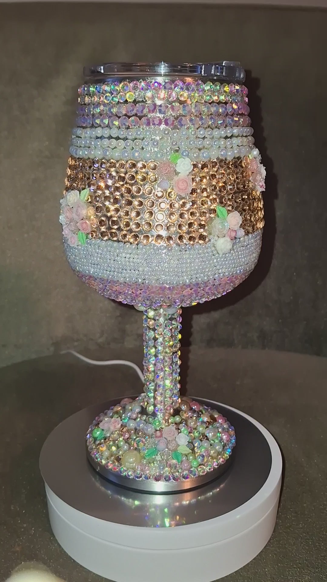 Luxury Iridescent & Rose Gold Rhinestone Wine Glass | Custom Bling Drinkware with Floral Accents