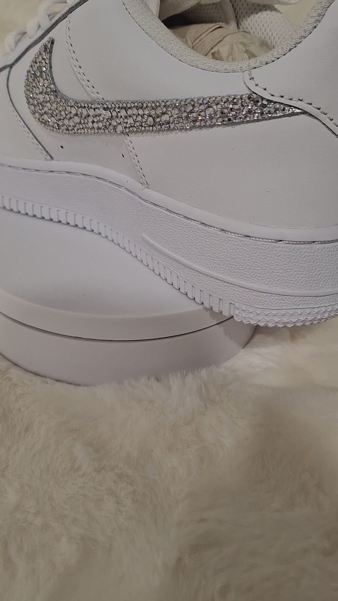 Custom blinged Air Force 1 white sneaker with 4 blinged  rhinestone swoosh by Dressed and Done