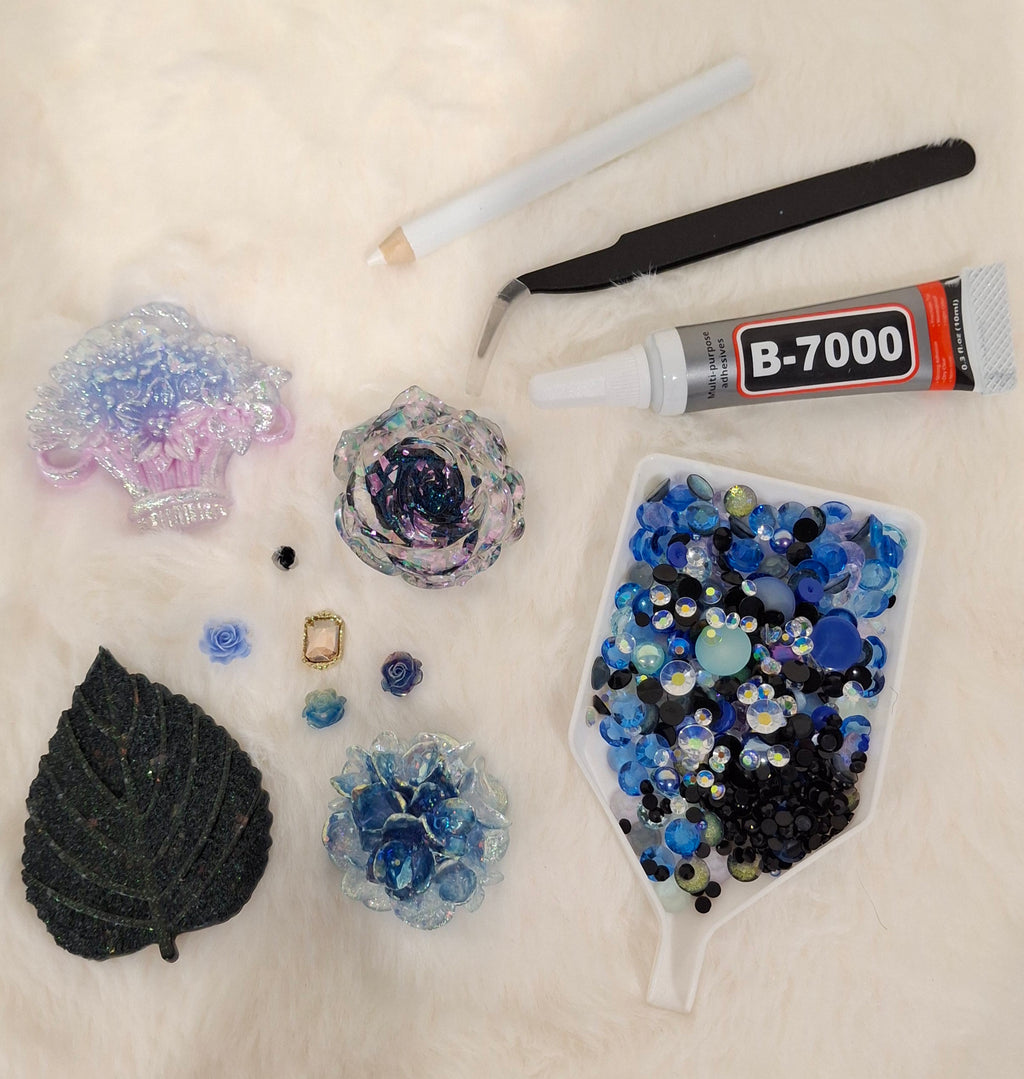 Purple, blue, and black flatback rhinestones and craft charms for DIY junk phone cases