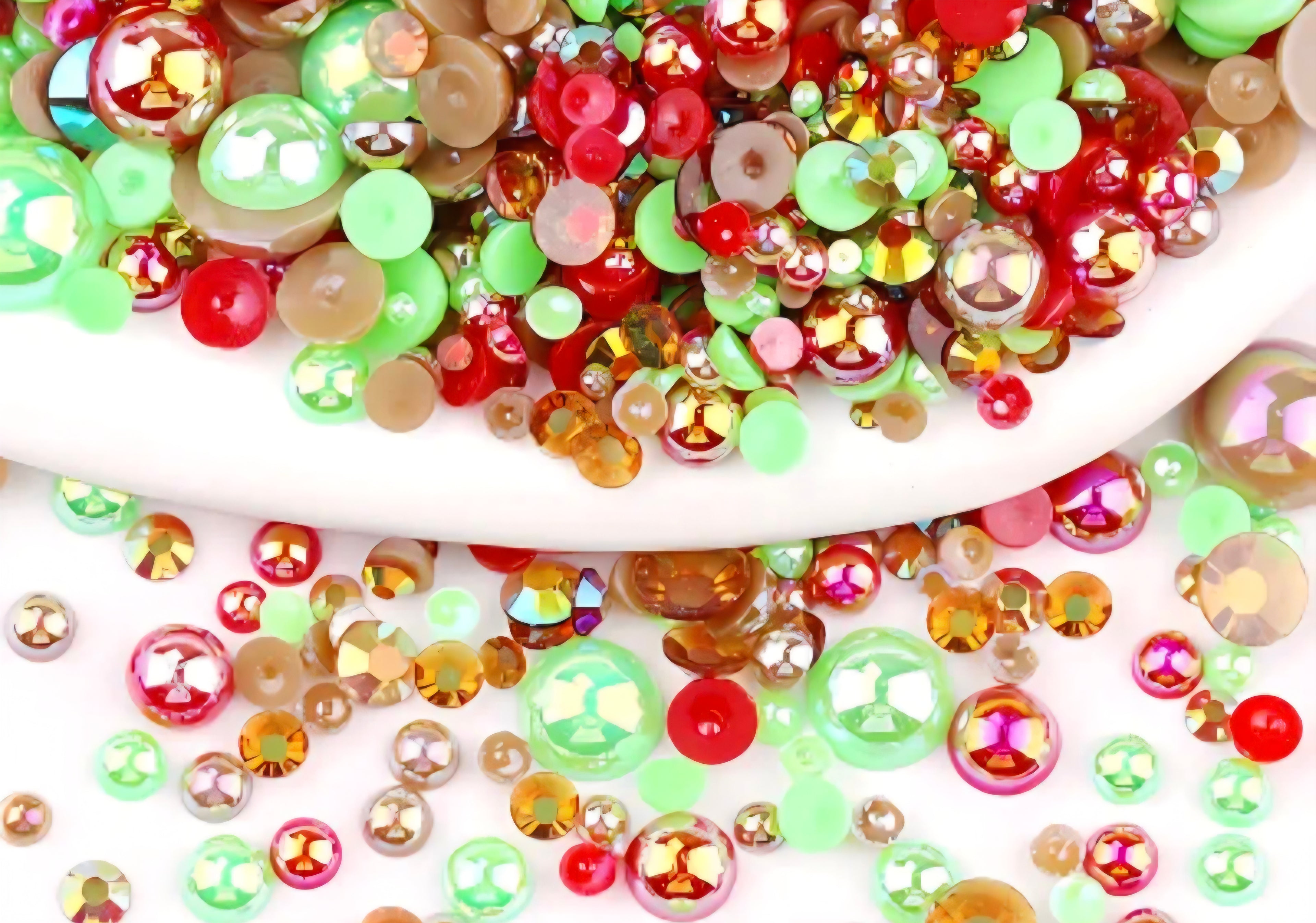Red green and brown pearls and rhinestones for crafts