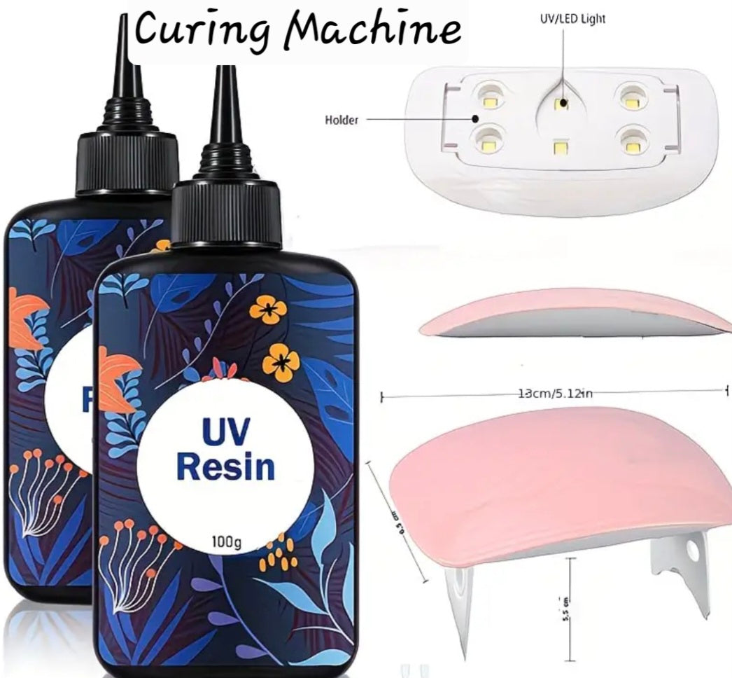 UV Resin bottles and curing machine with labeled parts on a white background