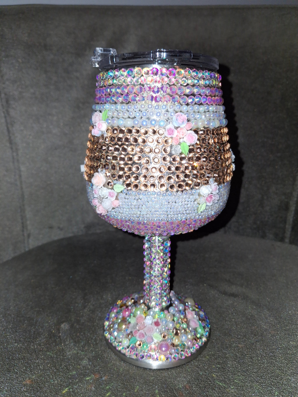 Luxury Iridescent & Rose Gold Rhinestone Wine Glass | Custom Bling Drinkware with Floral Accents