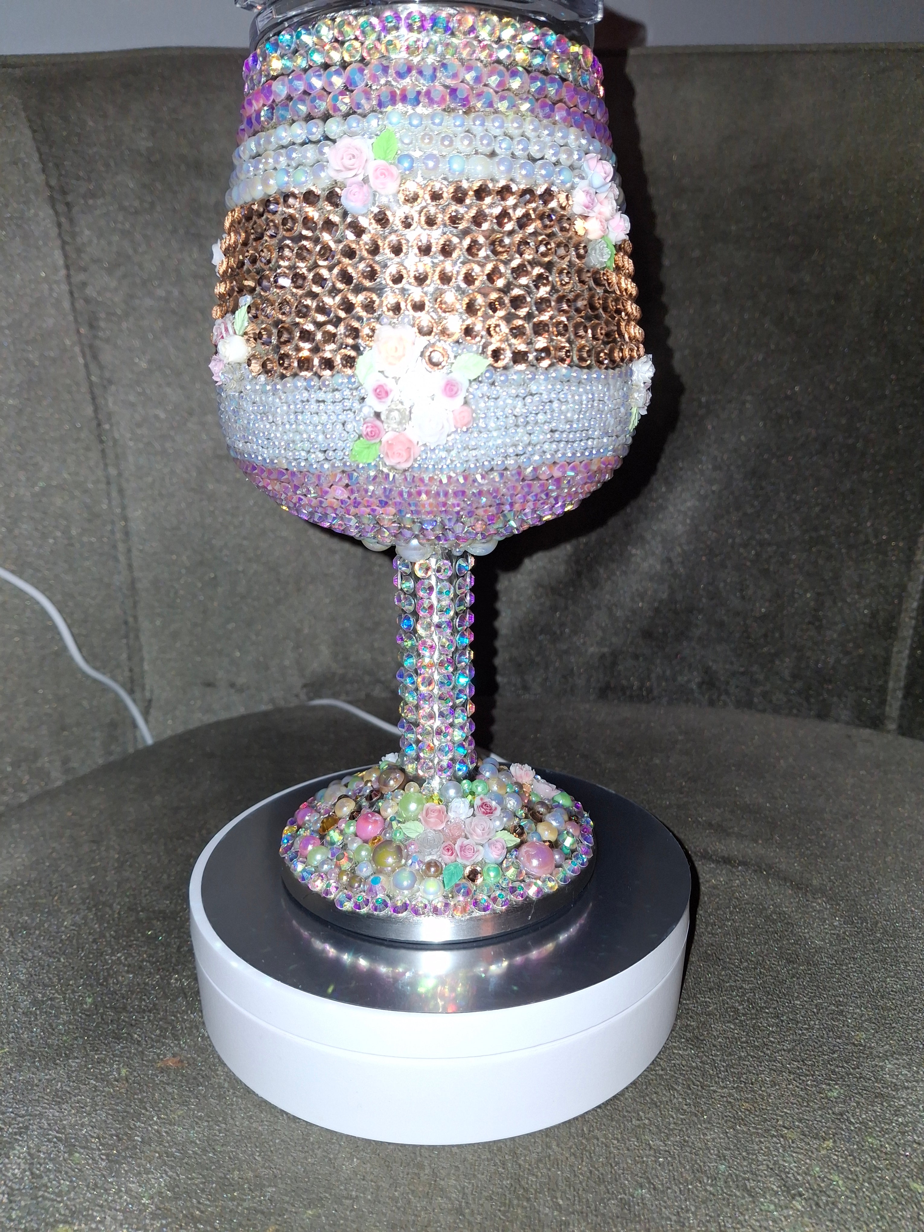 Luxury Iridescent & Rose Gold Rhinestone Wine Glass | Custom Bling Drinkware with Floral Accents