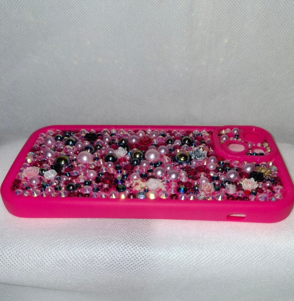 Iphone Luxury Handmade Hot Pink Decoden Phone Case | Rhinestone and Pearls