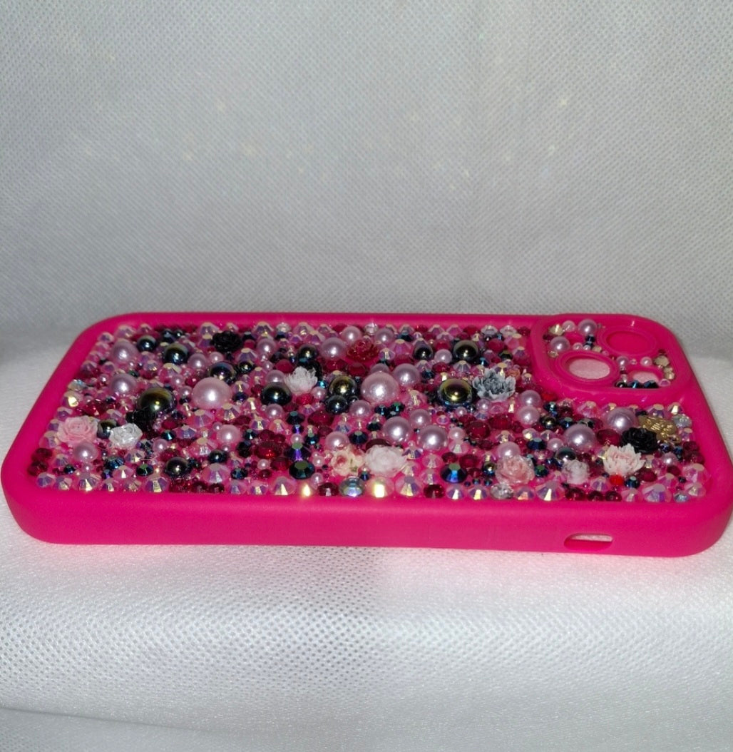 Iphone Luxury Handmade Hot Pink Decoden Phone Case | Rhinestone and Pearls