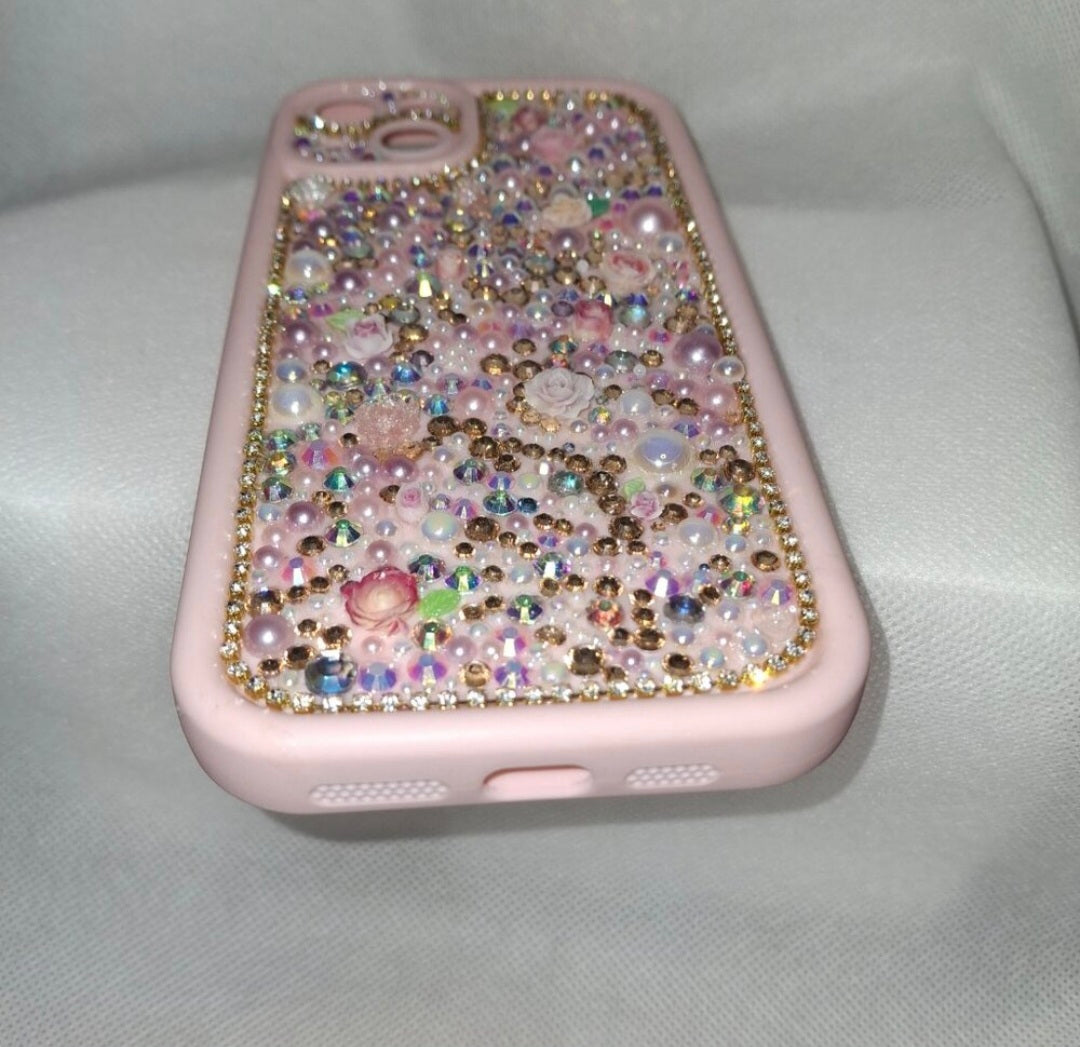 Iphone 15 plus Pink Bling Case "Pink Party" iPhone and Samsung| Rhinestone & Pearl Customized Handcrafted