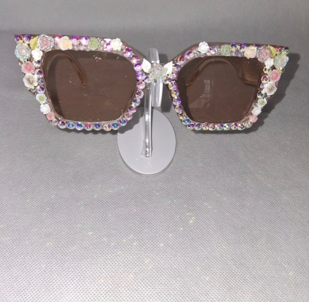 Handcrafted "Bloom" Cat-Eye Sunglasses | Crystal & Pastel Flower Embellishments