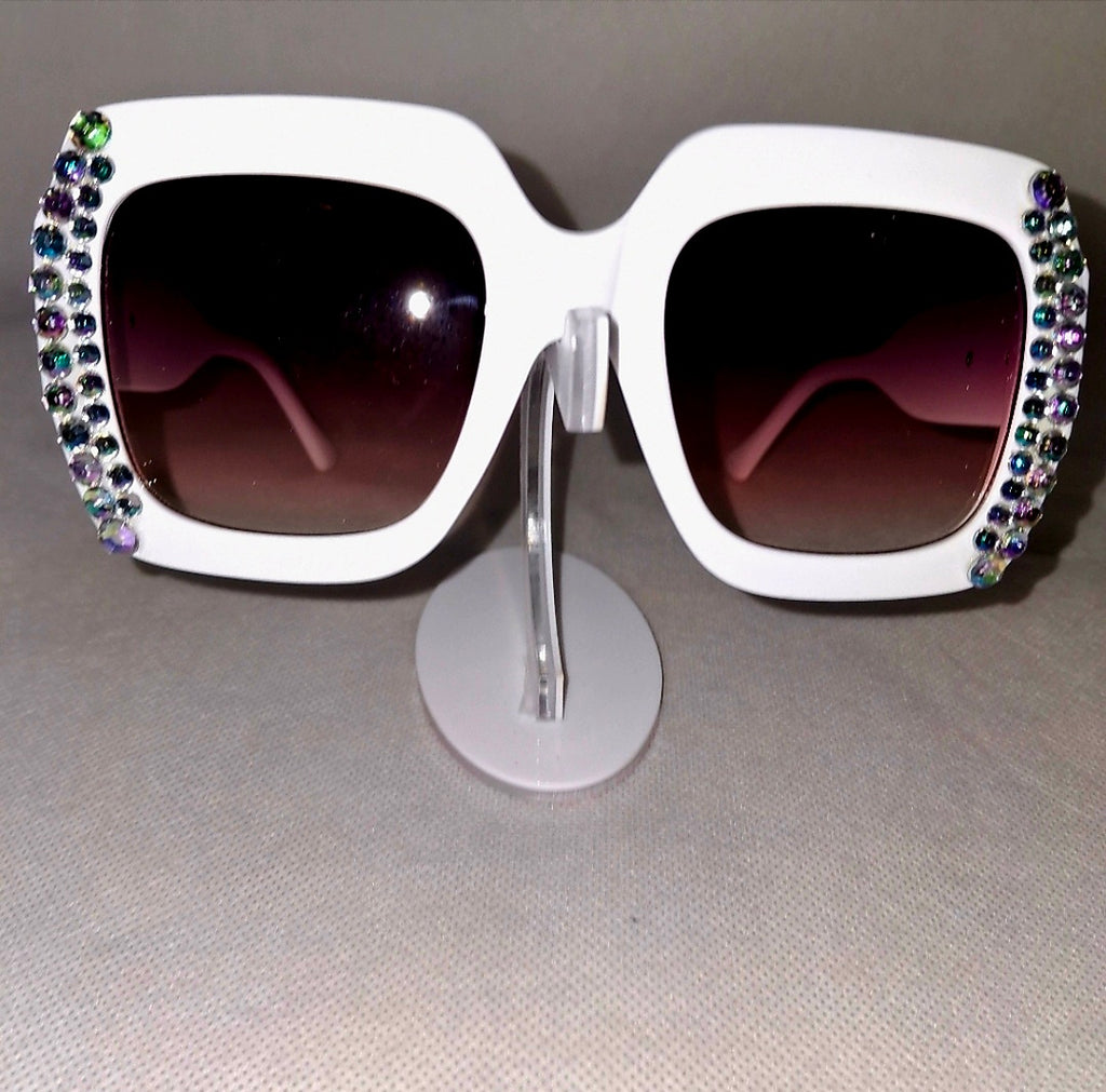 White Rhinestone Square Frame Sunglasses.