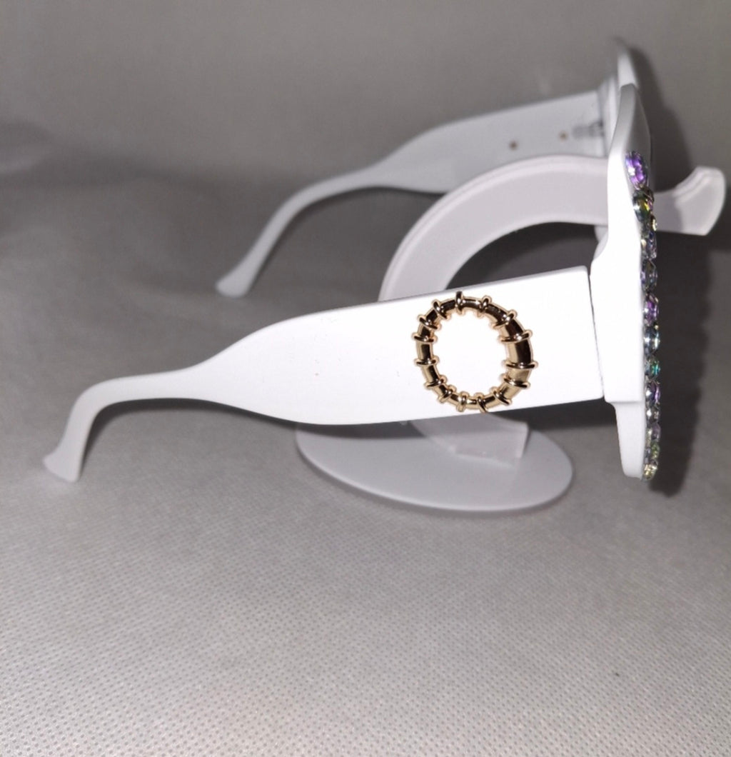 White Rhinestone Square Frame Sunglasses.