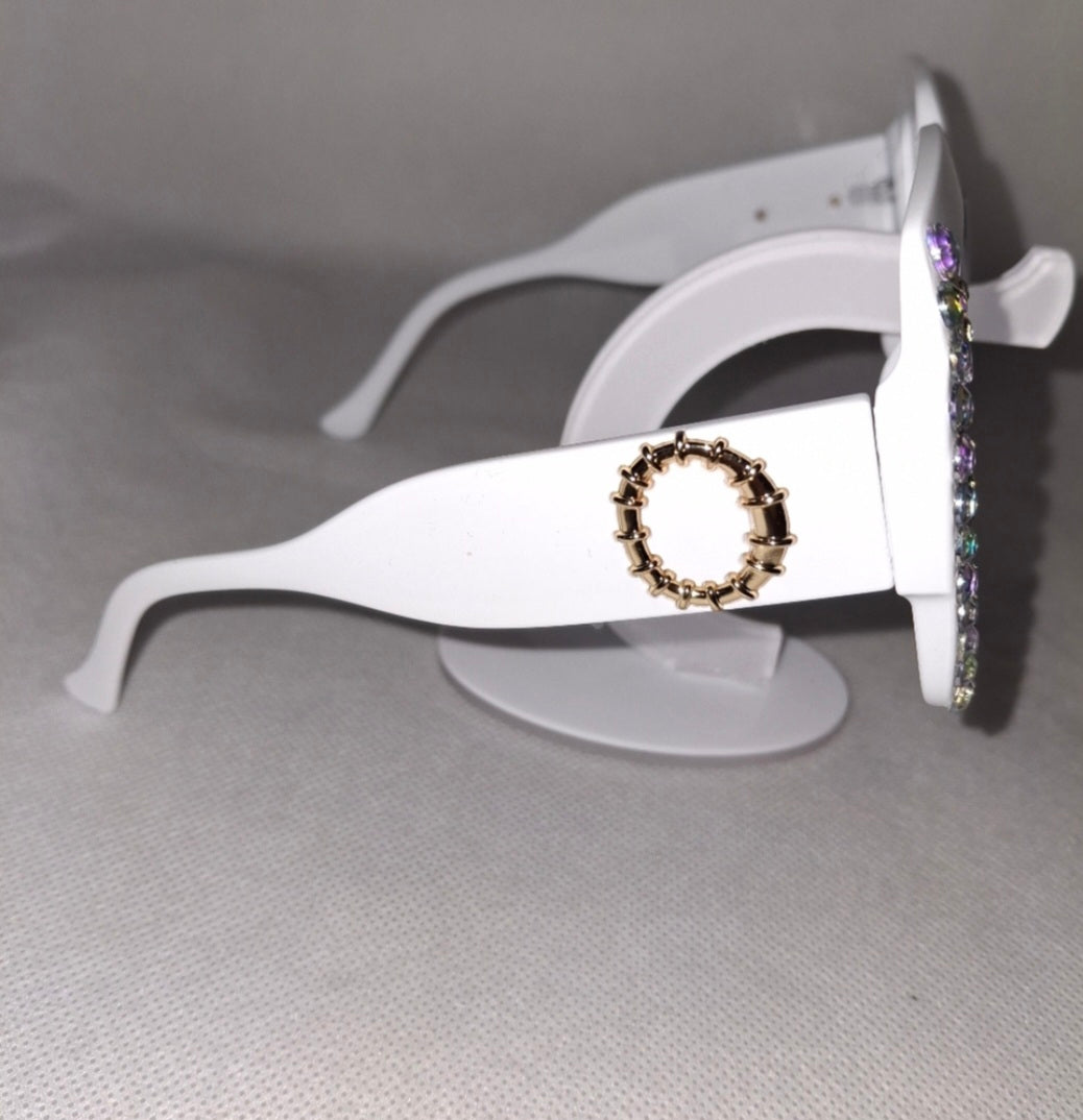 White Rhinestone Square Frame Sunglasses.