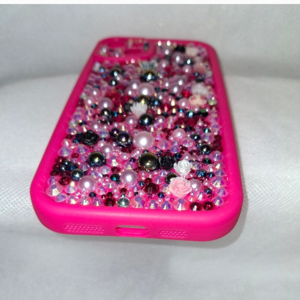 Iphone Luxury Handmade Hot Pink Decoden Phone Case | Rhinestone and Pearls
