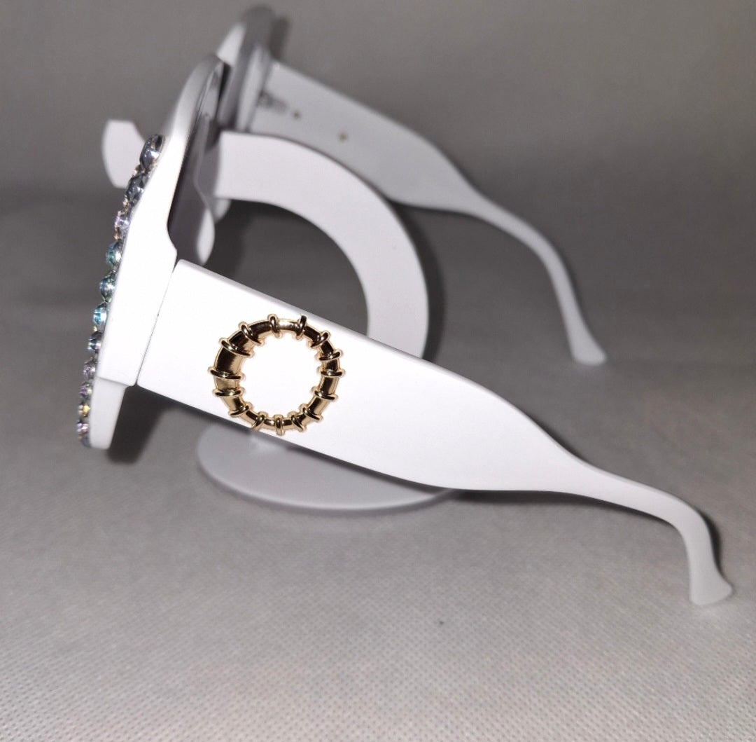 White Rhinestone Square Frame Sunglasses.