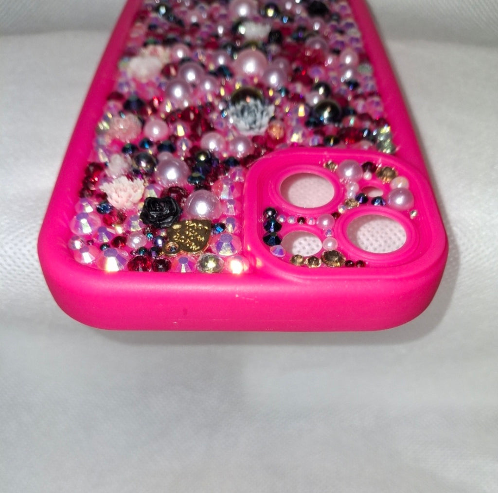 Iphone Luxury Handmade Hot Pink Decoden Phone Case | Rhinestone and Pearls