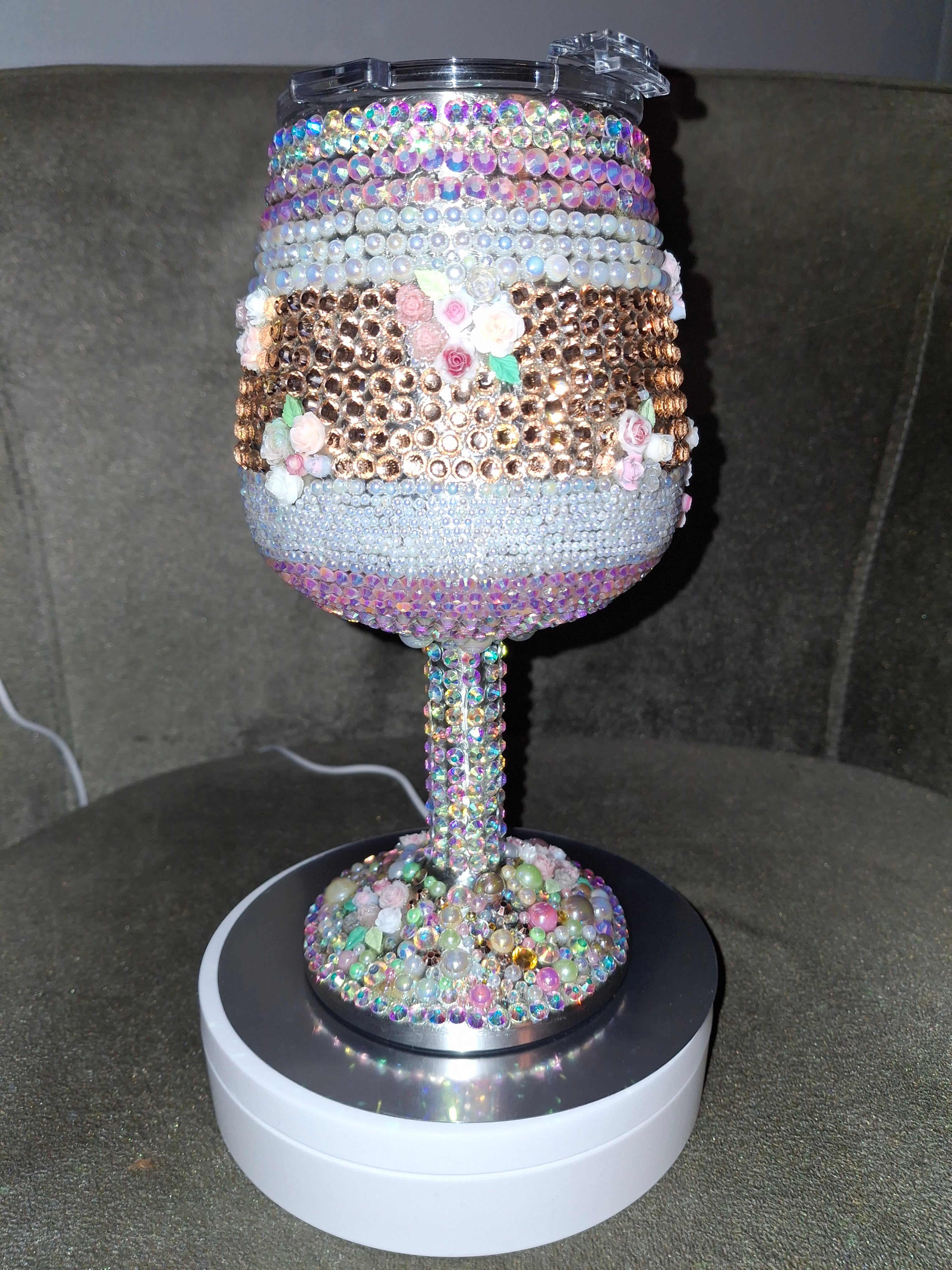Luxury Iridescent & Rose Gold Rhinestone Wine Glass | Custom Bling Drinkware with Floral Accents