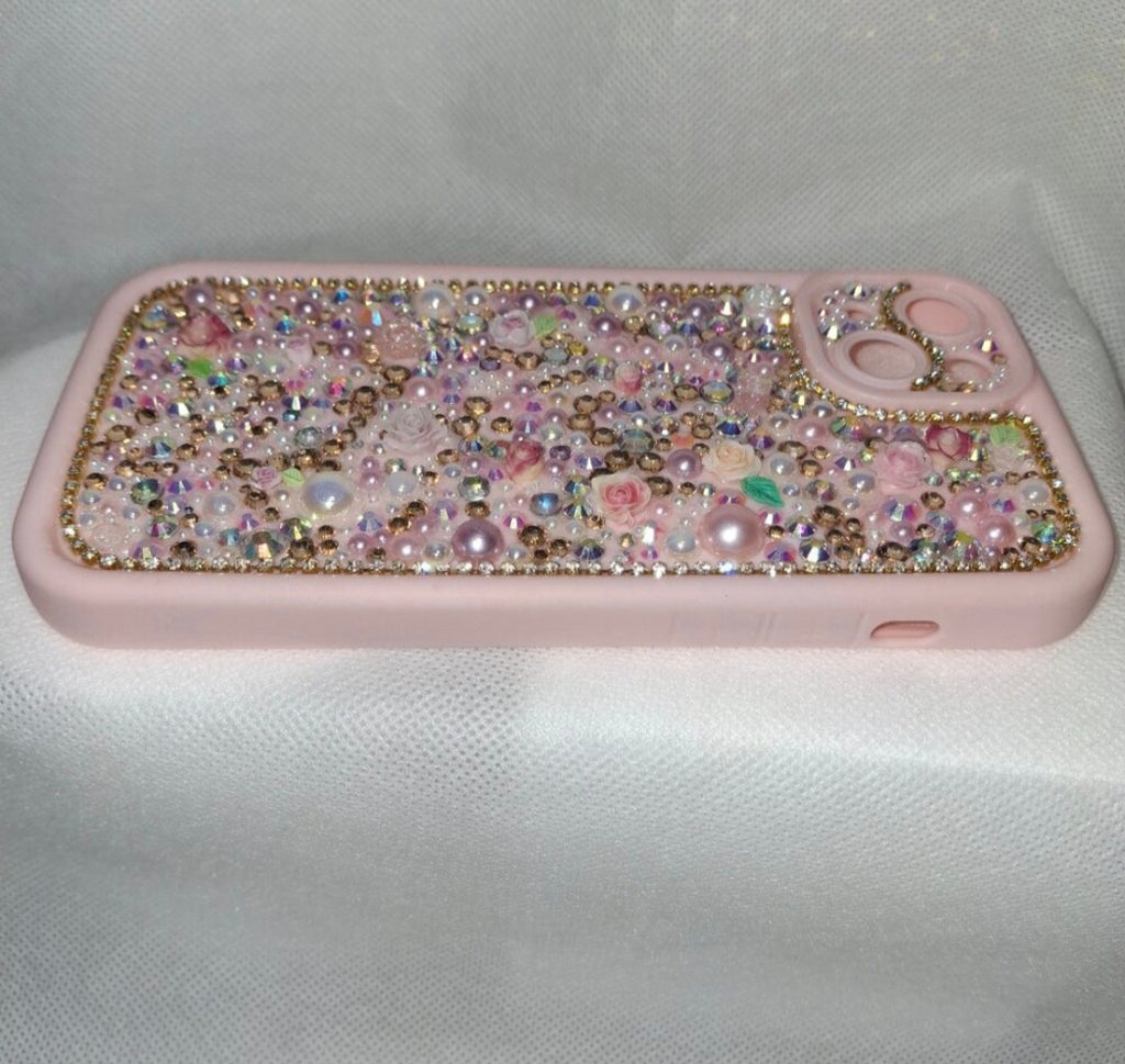 Iphone 15 plus Pink Bling Case "Pink Party" iPhone and Samsung| Rhinestone & Pearl Customized Handcrafted