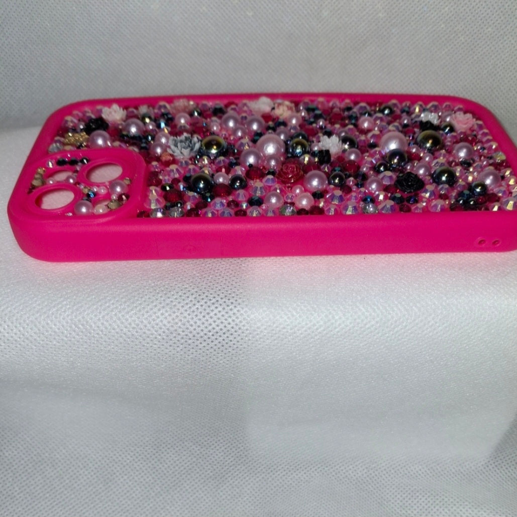 Iphone Luxury Handmade Hot Pink Decoden Phone Case | Rhinestone and Pearls