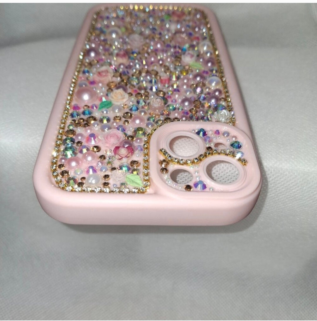 Iphone 15 plus Pink Bling Case "Pink Party" iPhone and Samsung| Rhinestone & Pearl Customized Handcrafted