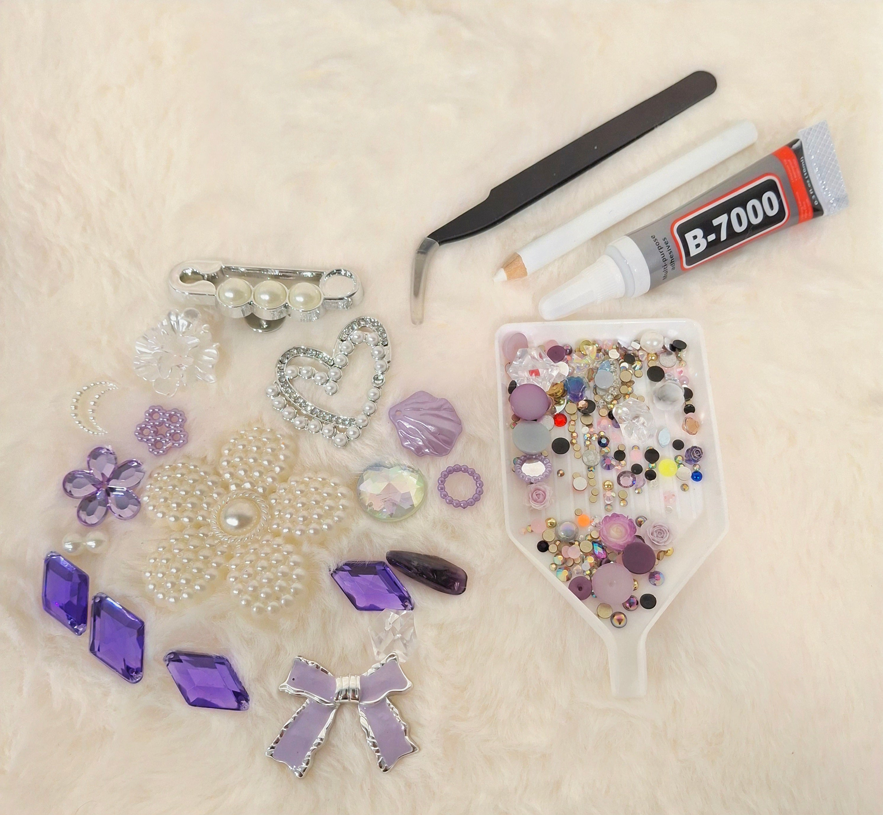 Purple and white flatback charms for crafting and junk cases