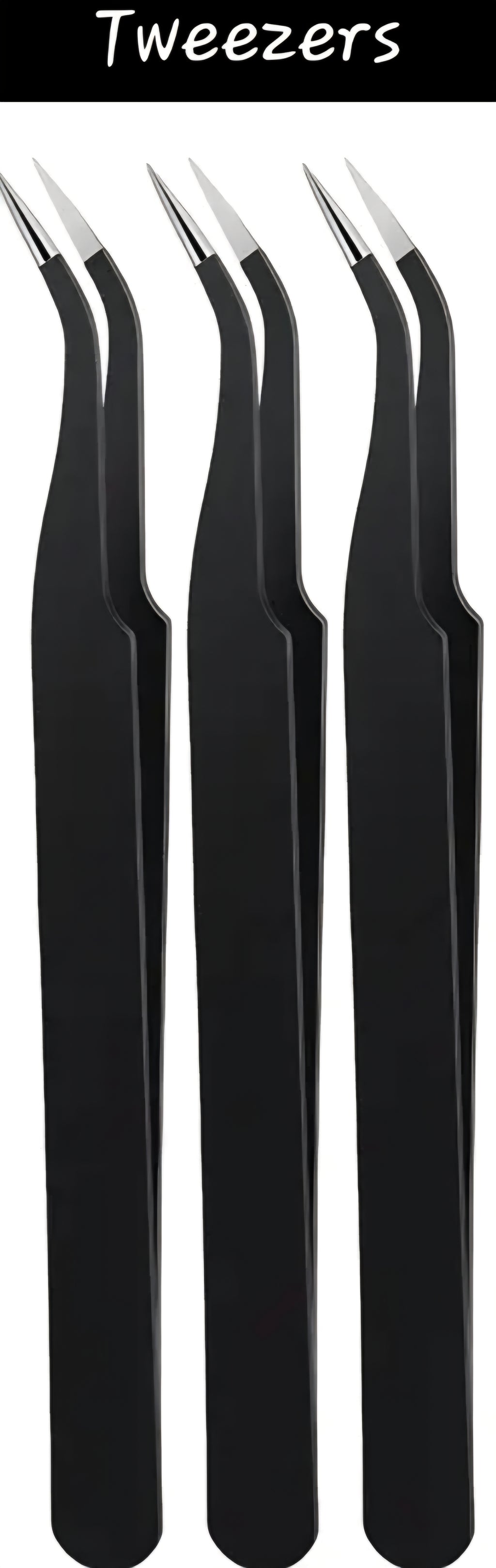 Set of black tweezers on a white background