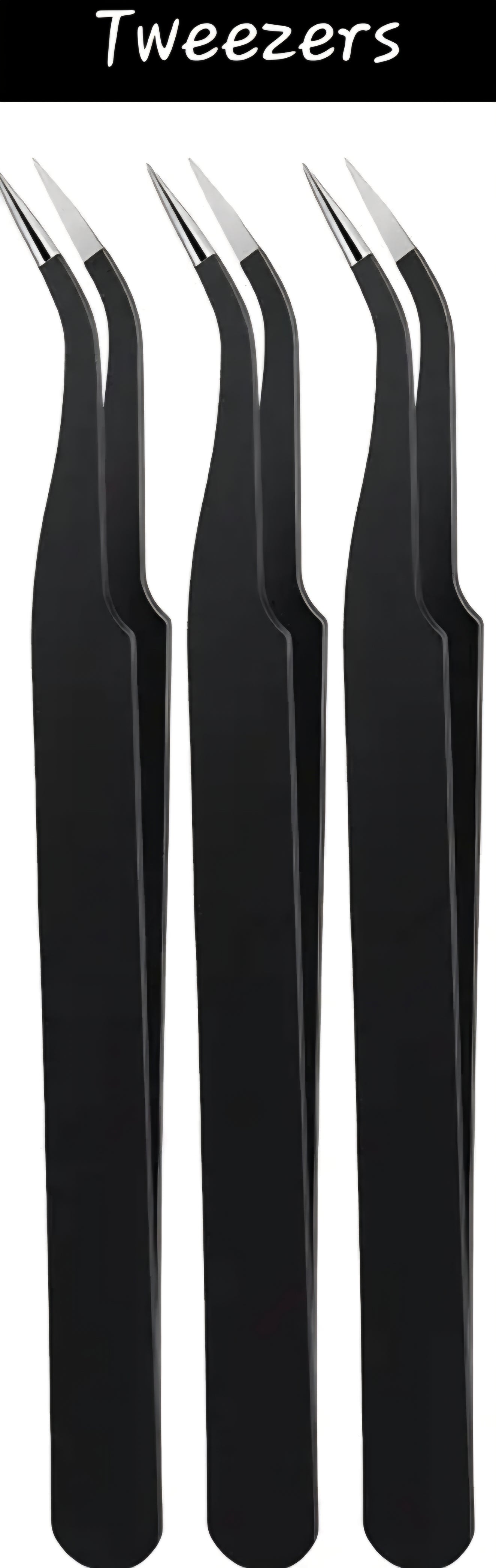 Set of black tweezers on a white background