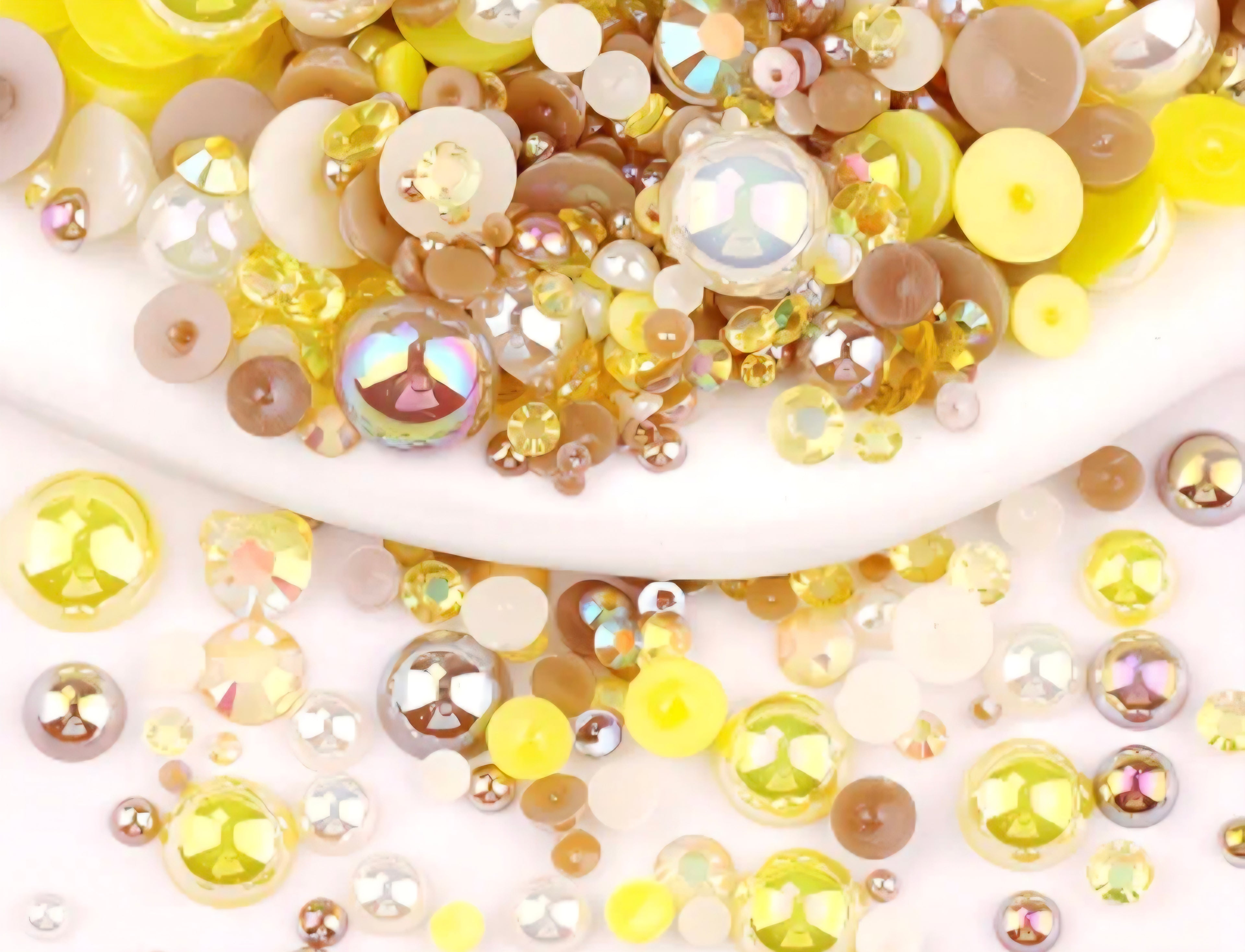 yellow, white, gold rhinestones and pearls for crafts